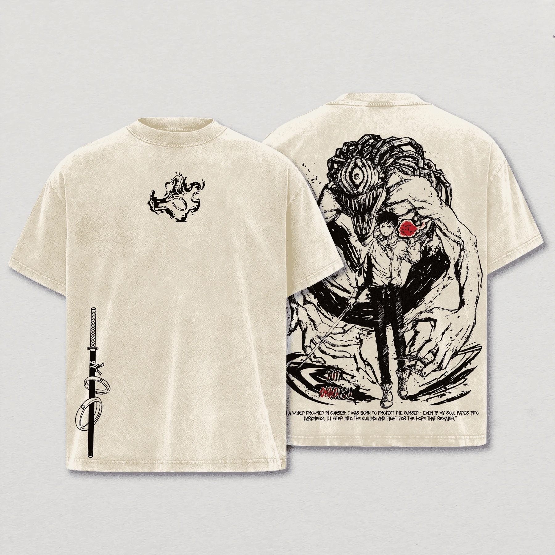 Camiseta bege lavada, frente e costas, com Yuta Okkotsu e Rika, Jujutsu Kaisen