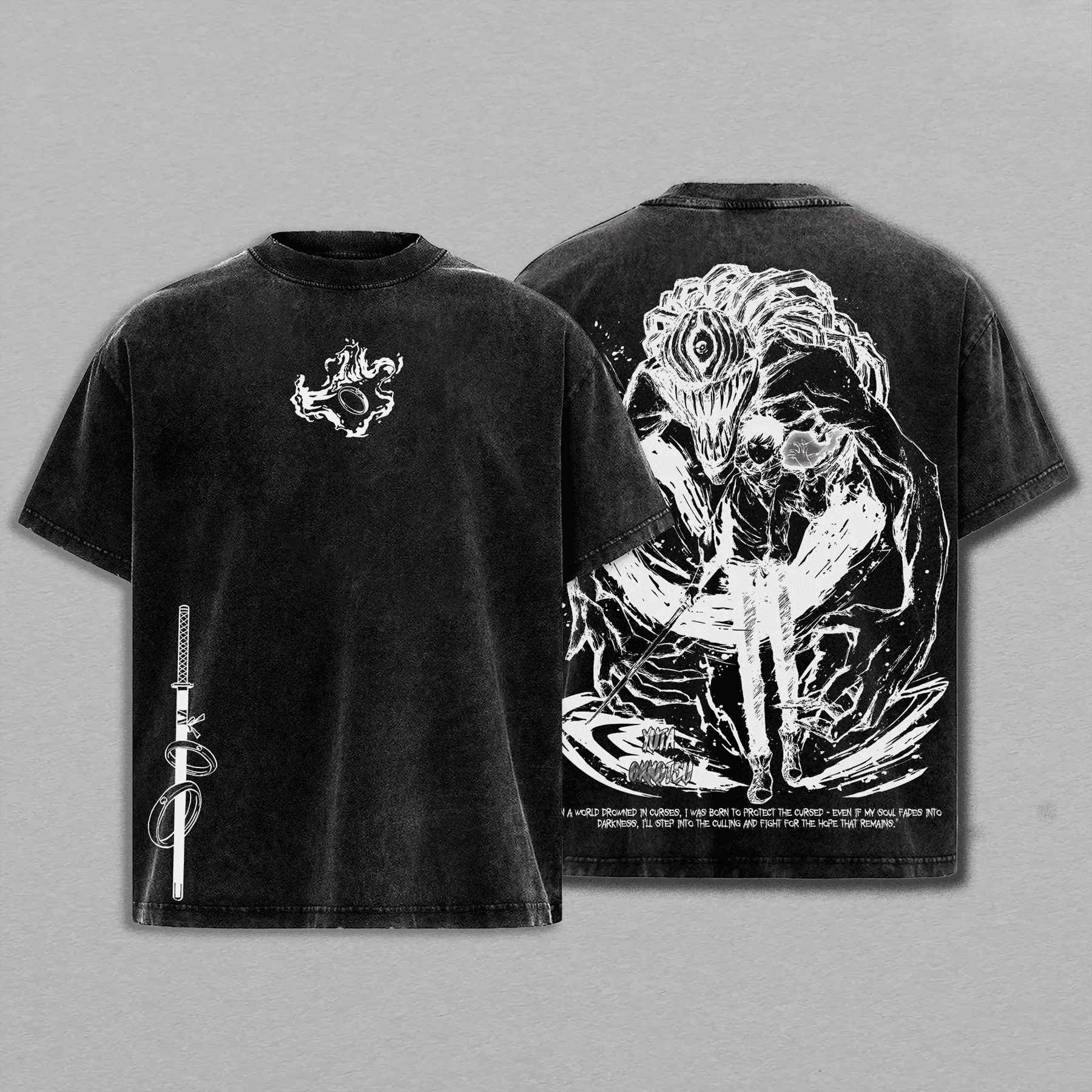 Camiseta preta lavada, frente e costas, com Yuta Okkotsu e Rika, Jujutsu Kaisen