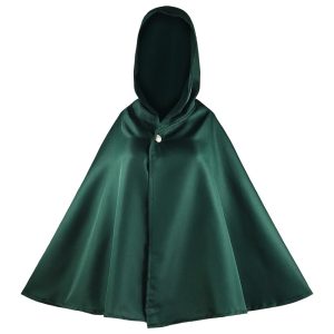 Capa verde com capuz da Tropa de Exploração, de frente, com botão no pescoço