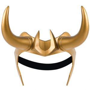 Capacete dourado de chifres curvos do Loki, visto de frente, com faixa elástica preta
