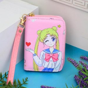 Carteira rosa com zíper e alça de pulso, com a Usagi piscando, de Sailor Moon