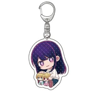 Chaveiro chibi da Ai Hoshino, de Oshi no Ko, em acrílico, com Aqua e Ruby pequenos aos pés