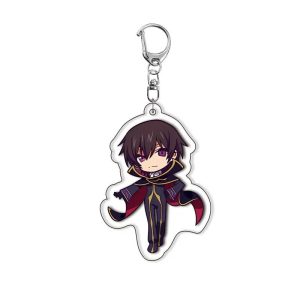 Chaveiro chibi do Lelouch, de Code Geass, em acrílico, com traje preto e capa vermelha