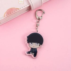 Chaveiro de acrílico do Mob chibi, Mob Psycho 100, de uniforme escolar em fundo rosa