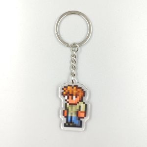 Chaveiro de acrílico com personagem de Terraria em pixel art, de cabelo laranja e camisa verde