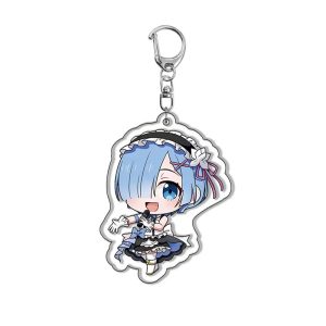 Chaveiro de acrílico da Rem chibi, Re:Zero, de cabelo azul e uniforme de empregada