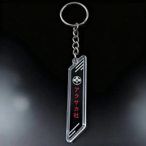 Chaveiro de acrílico com o logo da Arasaka, de Cyberpunk 2077, em preto e transparente, sobre fundo escuro