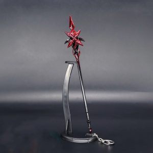 Miniatura de metal da arma da Arlecchino, Genshin Impact, vermelha e preta, sobre suporte curvo