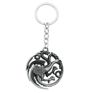 Chaveiro de metal com o brasão Targaryen, Game of Thrones, dragão de três cabeças em medalhão prateado envelhecido