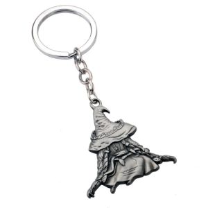 Chaveiro de metal com bruxa de chapéu pontudo e capa, inspirado em Elden Ring