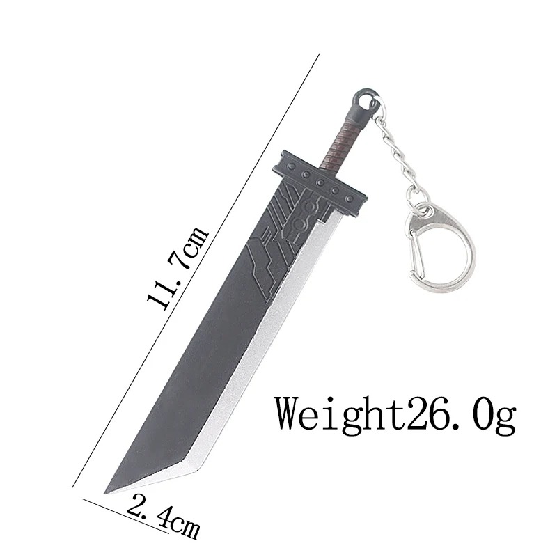 Chaveiro da Buster Sword com medidas de 11,7 x 2,4 cm e peso de 26 g