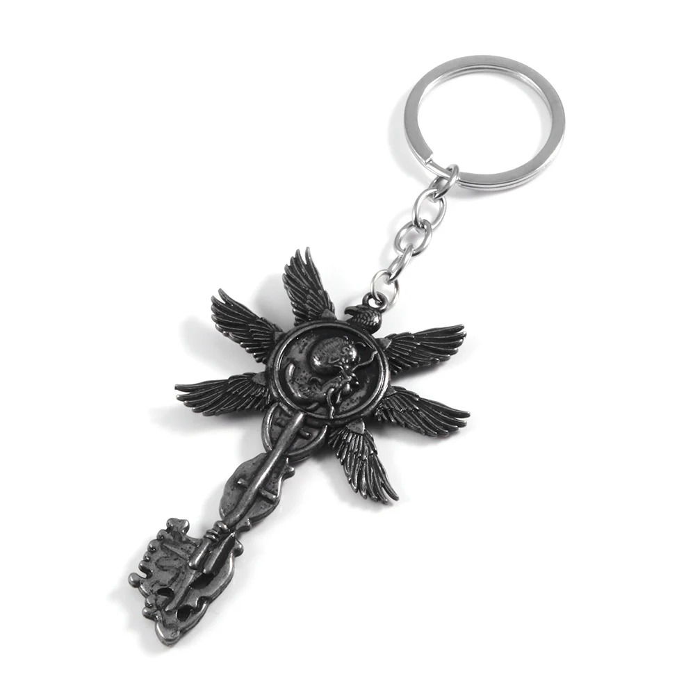 Chaveiro de metal em forma de chave de seis asas, Resident Evil Village, com argola e corrente