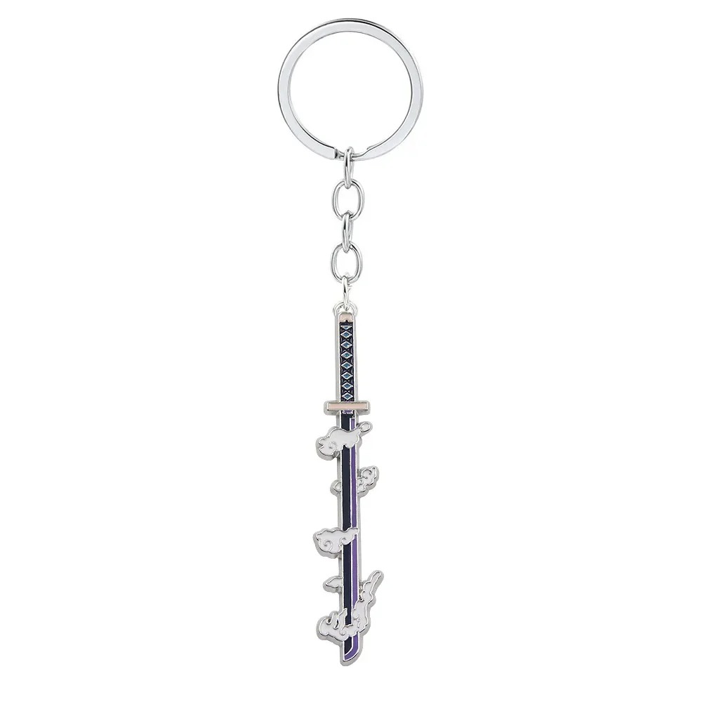 Chaveiro de espada de Demon Slayer em metal, com detalhes enrolados na lâmina e argola