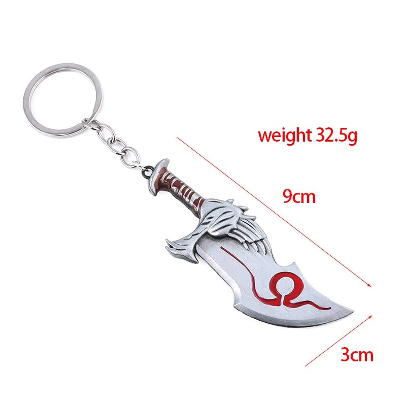 Lâmina do Caos de God of War em metal prateado com ômega vermelho, presa a argola