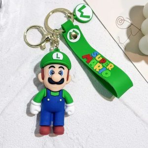 Chaveiro do Luigi, Super Mario, com figura de PVC de macacão azul e tira verde de silicone com argola dourada
