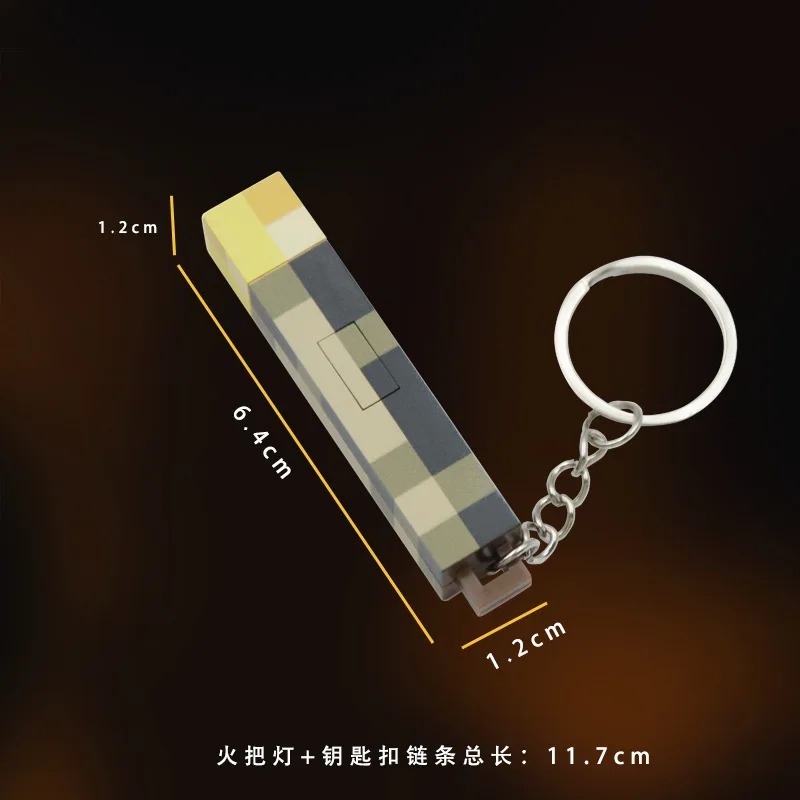 Dimensões do chaveiro de tocha do Minecraft: 6,4 cm de comprimento e 11,7 cm com a corrente