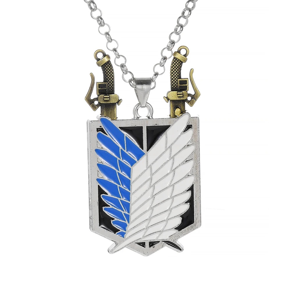 Pingente azul e branco das Asas da Liberdade com duas lâminas bronze e corrente prateada