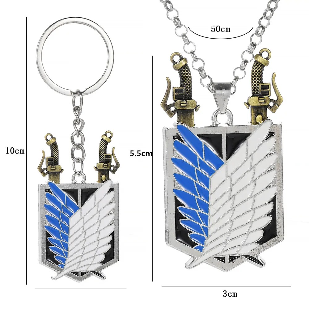 Colar e chaveiro das Asas da Liberdade com as medidas indicadas, Attack on Titan