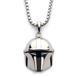 Pingente do capacete prateado do Din Djarin, The Mandalorian, numa corrente de aço