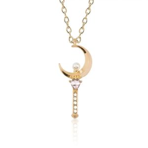 Colar do Cetro Lunar de Sailor Moon, dourado, com lua crescente e pérola na ponta
