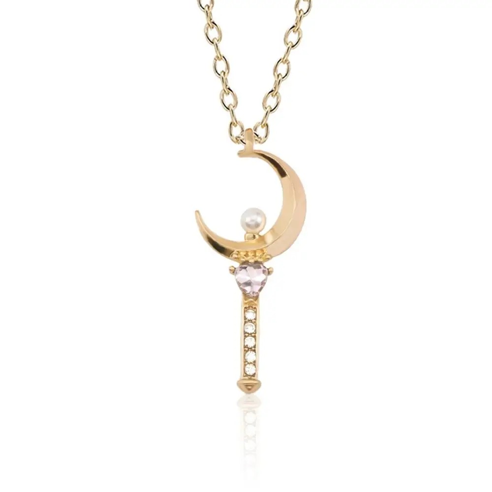 Colar do Cetro Lunar de Sailor Moon, dourado, com lua crescente e pérola na ponta