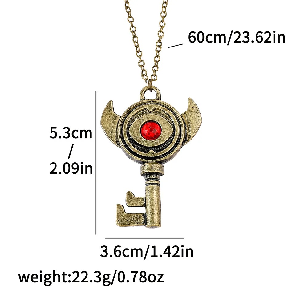 Colar de chave com pedra vermelha e as medidas do pingente e da corrente, inspirado em Zelda