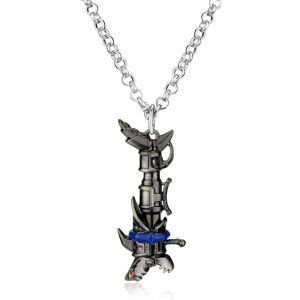 Colar de metal com o canhão da Jinx, de Arcane, em corrente prateada sobre fundo claro