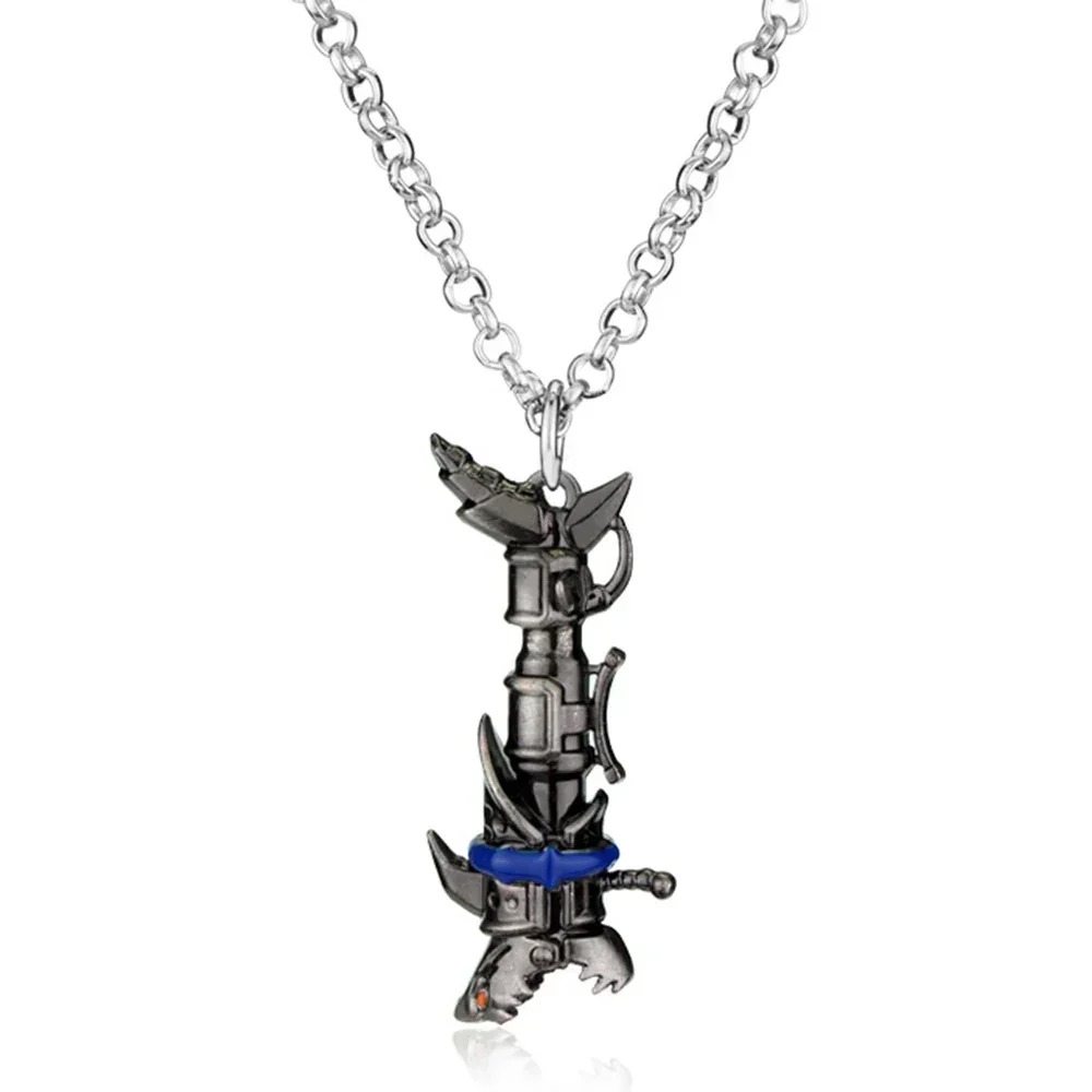 Colar de metal com o canhão da Jinx, de Arcane, em corrente prateada sobre fundo claro