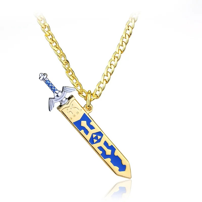 Colar com pingente de espada prateada em bainha dourada e azul, de Skyward Sword