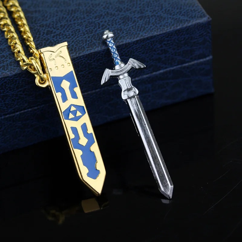 Espada de Skyward Sword fora da bainha dourada e azul, ao lado da corrente