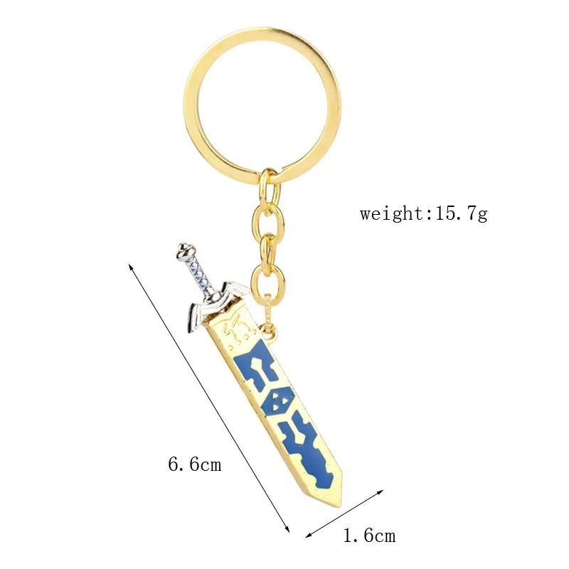 Chaveiro da espada de Skyward Sword indicando 6,6 cm por 1,6 cm