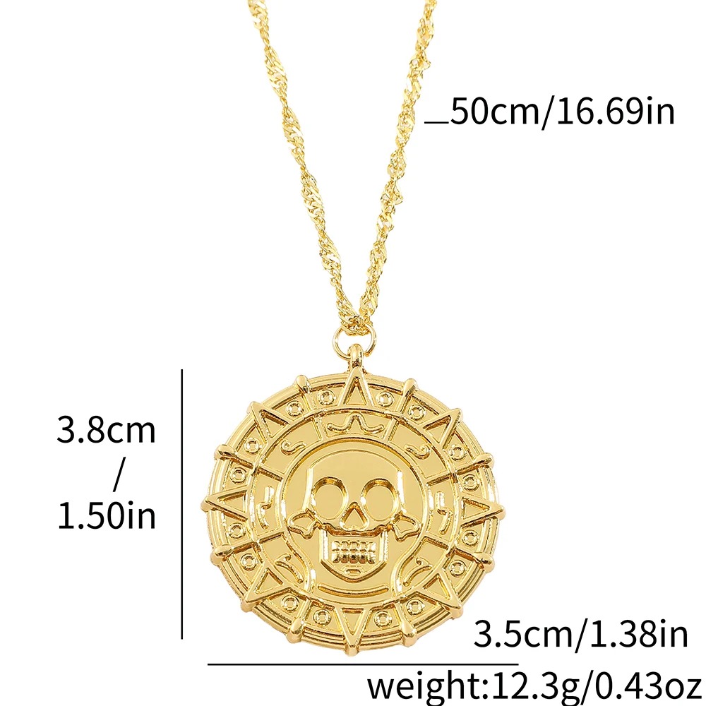 Medalhão asteca dourado de Piratas do Caribe com as medidas da corrente e do pingente