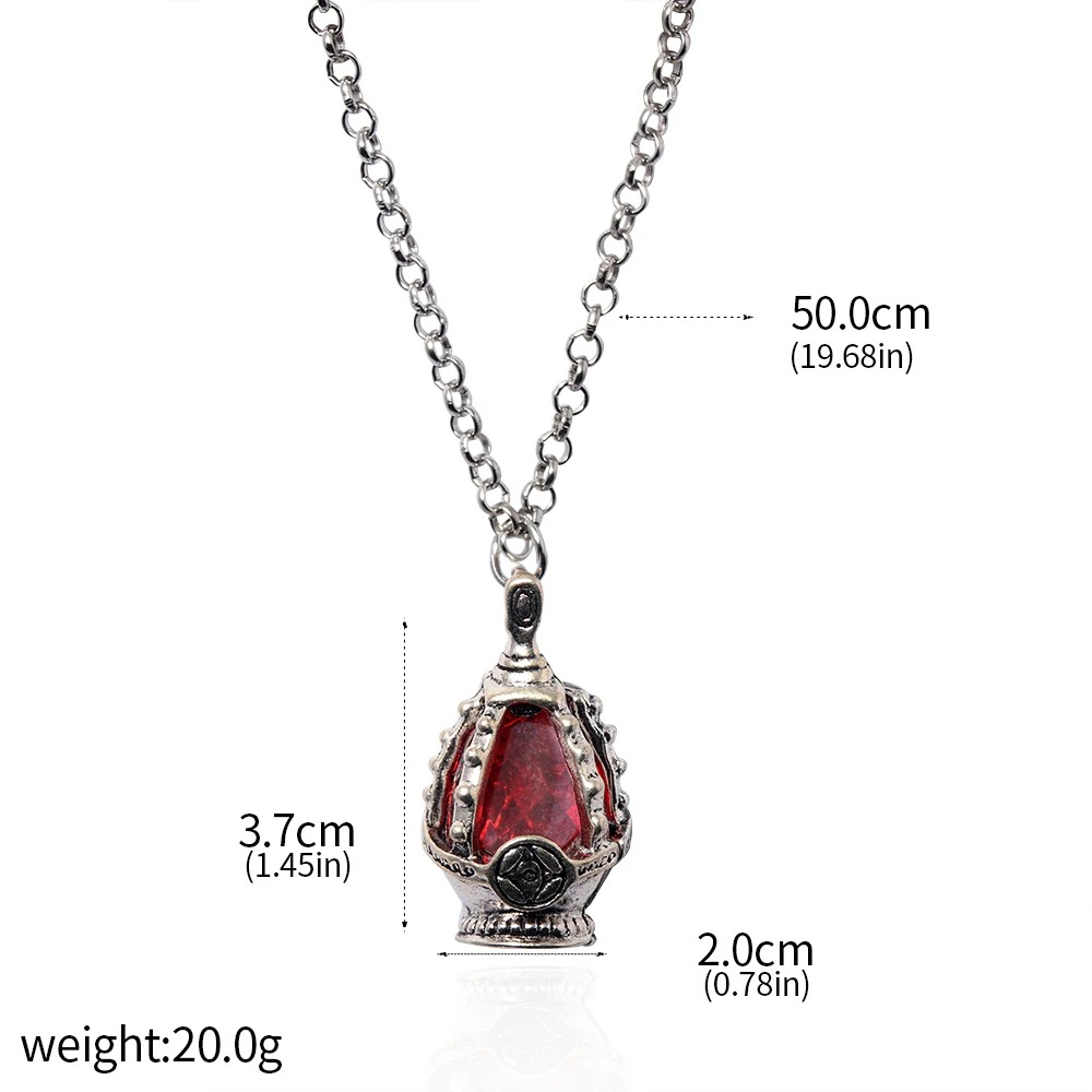 Soul gem de cristal vermelho com medidas de 3,7 x 2 cm e corrente de 50 cm
