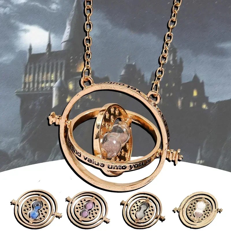 Colar Vira-Tempo com pingente dourado de ampulheta sobre fundo do castelo de Hogwarts