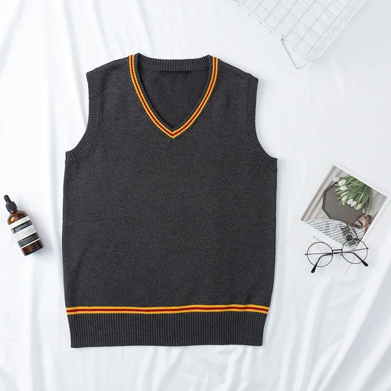 Colete de tricô cinza com listra laranja, estilo uniforme de Hogwarts