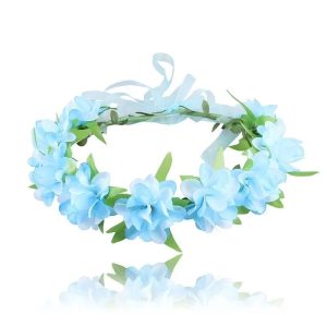 Coroa de flores azul-claras com folhas verdes e fita de amarrar, para cosplay da Frieren
