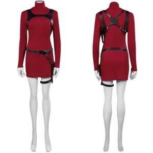 Cosplay da Ada Wong em manequim: vestido vermelho de manga longa com arnês e cinto de perna