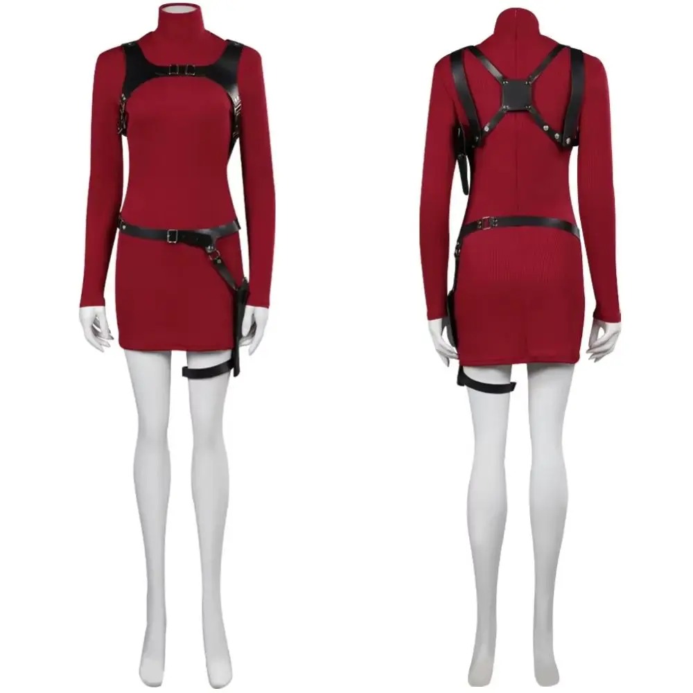 Cosplay da Ada Wong em manequim: vestido vermelho de manga longa com arnês e cinto de perna