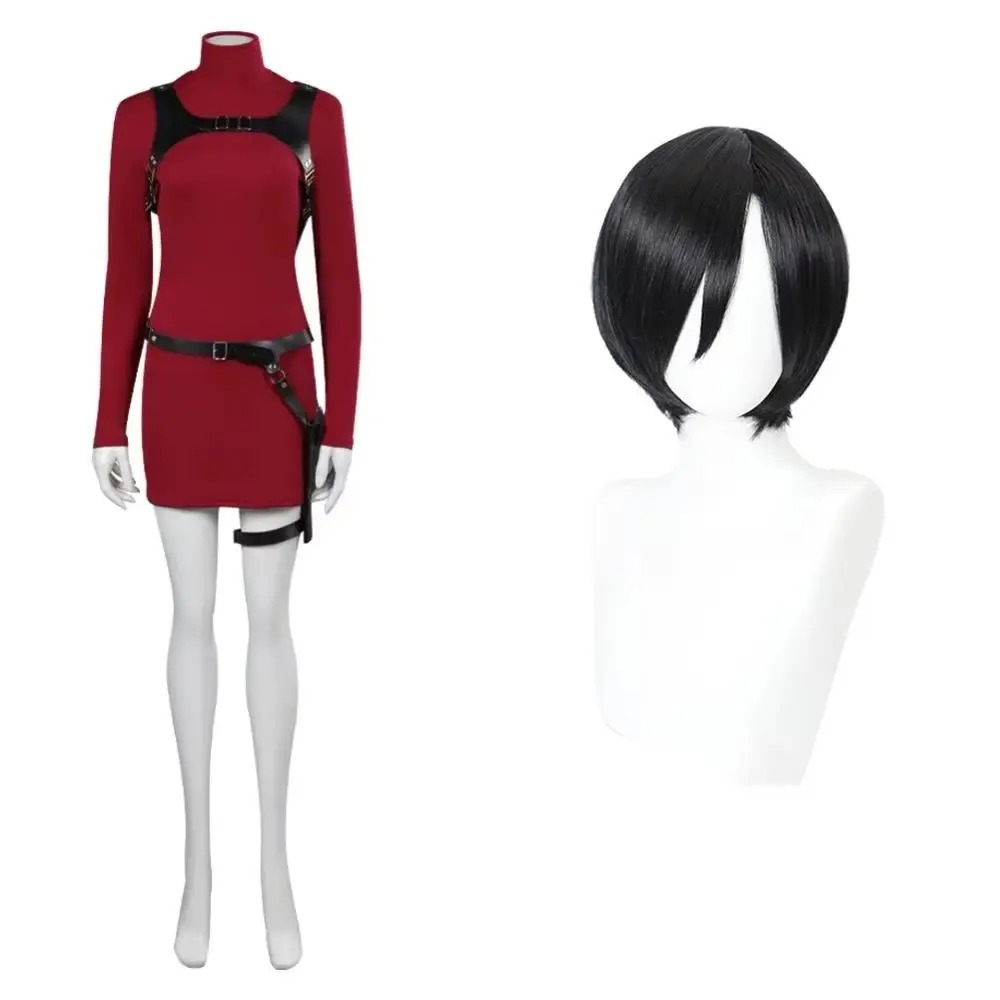 Peruca preta curta ao lado do vestido vermelho e do cinto, cosplay da Ada Wong