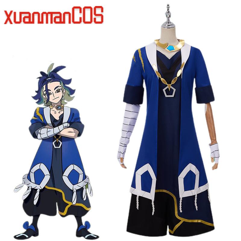 Traje do Adaman, de Pokémon Legends: Arceus, casaco longo azul-escuro com detalhes brancos