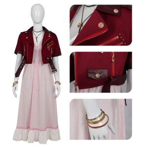 Cosplay da Aerith em manequim: jaqueta vermelha curta e vestido rosa, Final Fantasy VII