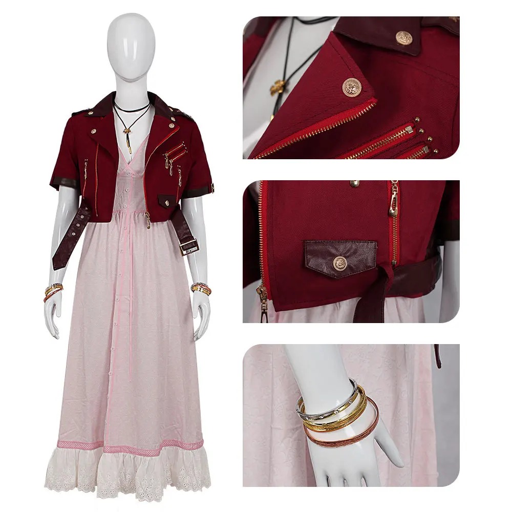 Cosplay da Aerith em manequim: jaqueta vermelha curta e vestido rosa, Final Fantasy VII