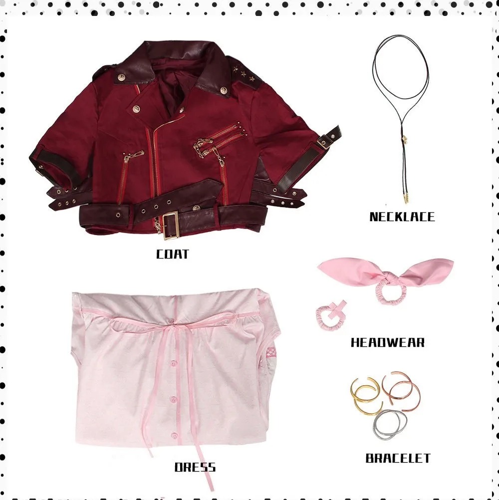 Peças do cosplay da Aerith: jaqueta, vestido, colar, laço de cabelo e pulseiras