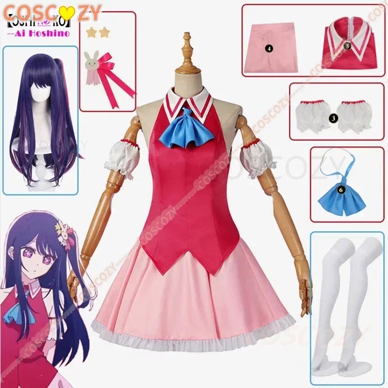 Kit do cosplay da Ai Hoshino com vestido rosa, peruca roxa, laço azul, mangas e meias brancas