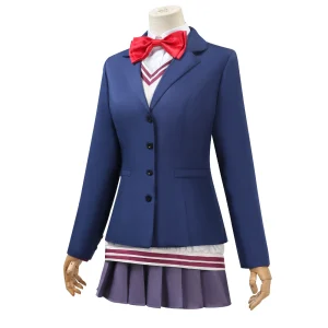 Uniforme da Aira Shiratori em Dandadan: blazer azul-marinho, laço vermelho e saia plissada