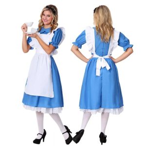 Cosplay da Alice: vestido azul e avental branco, de frente e de costas, Alice no País das Maravilhas