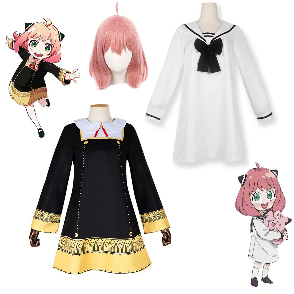 Anya Forger, de Spy x Family: vestido preto com barra dourada, vestido branco e peruca rosa