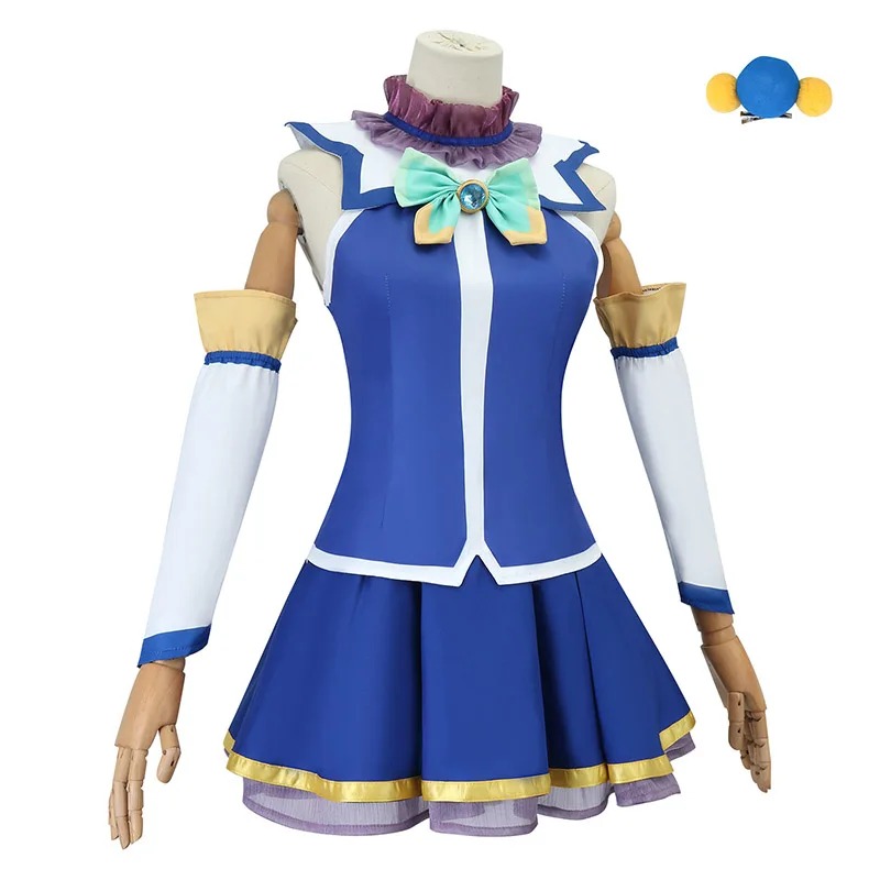 Vestido azul com laço verde-água e barra dourada do cosplay da Aqua, de frente, KonoSuba