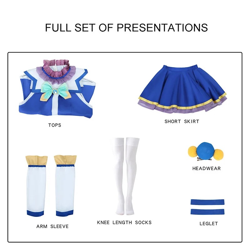 Blusa, saia curta, mangas, meias brancas e caneleiras do cosplay da Aqua, KonoSuba