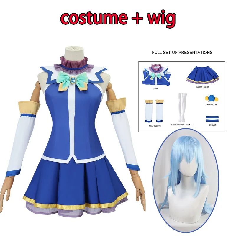 Cosplay da Aqua com a peruca azul clara longa ao lado do vestido, KonoSuba